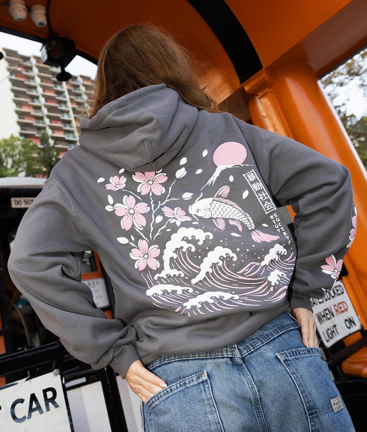 Koi Cherry Blossoms Wave Puff Womens Hoodie - Charcoal - S - Riot Society