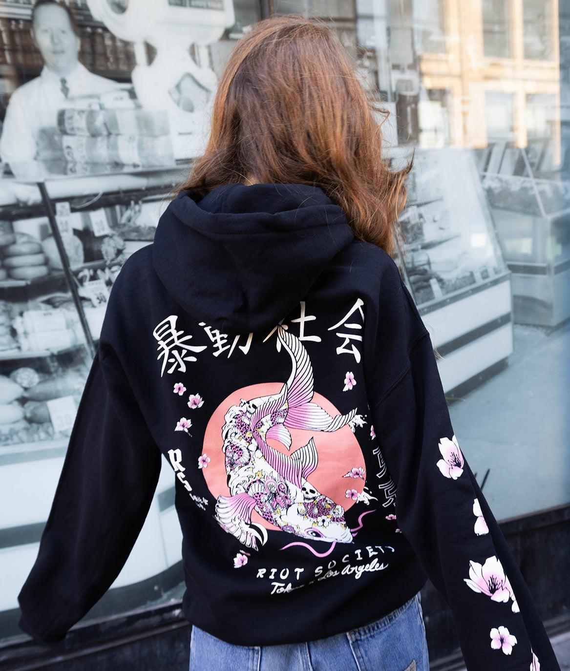 Japan Koi Tattoo Blossom Kanji Womens Hoodie - Black - S - Riot Society