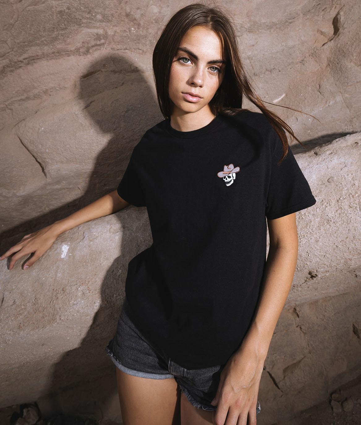 Skull Cowboy Embroidered Womens Tee - S - Riot Society