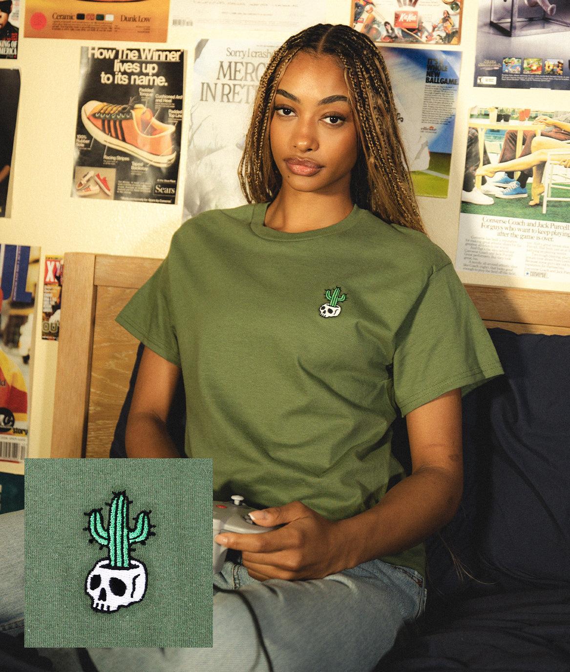 Cactus Skull Embroidered Womens Tee - S - Riot Society