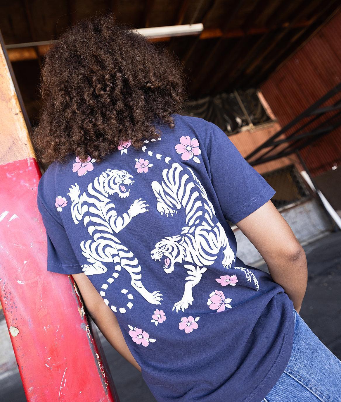 Tiger Cherry Blossoms Puff Boyfriend Tee - Navy - S - Riot Society