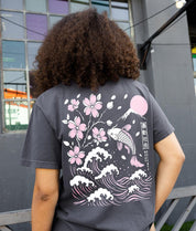 Koi Cherry Blossoms Wave Puff Boyfriend Tee - Graphite - S - Riot Society