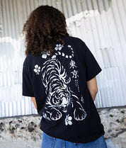 Tiger Cherry Blossoms Kanji Metallic Boyfriend Tee - Black - S - Riot Society