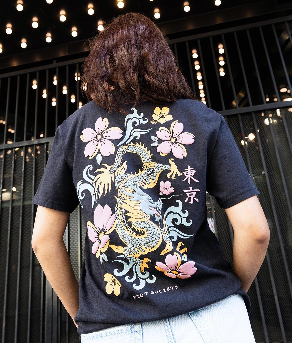 Dragon Cherry Blossoms Puff Boyfriend Tee - Black - S - Riot Society