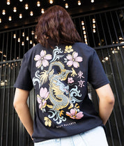 Dragon Cherry Blossoms Puff Boyfriend Tee - Black - S - Riot Society